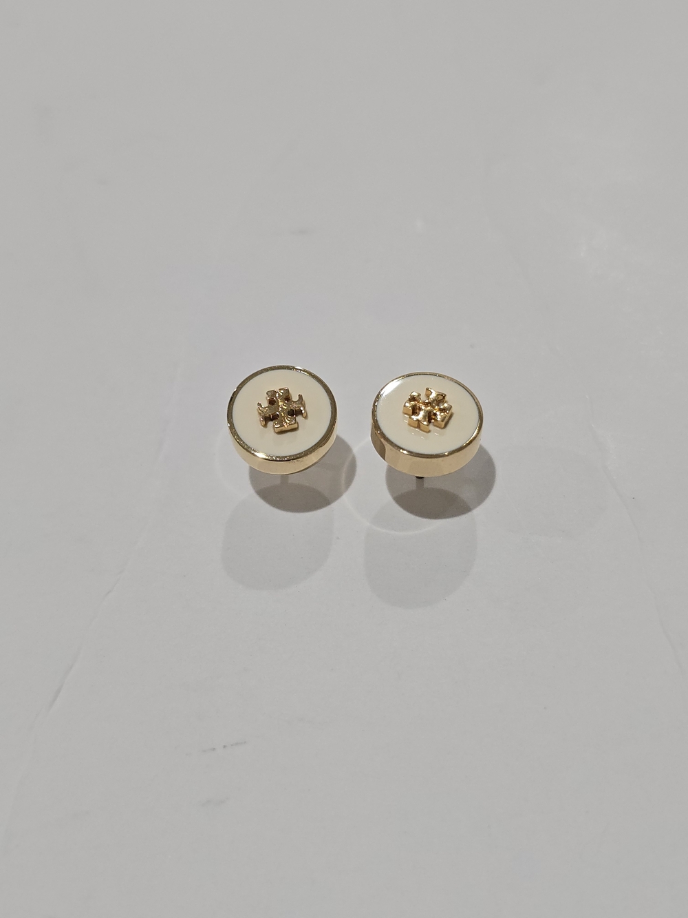 Tory Burch Gold and Cream Round Logo Stud Earrings